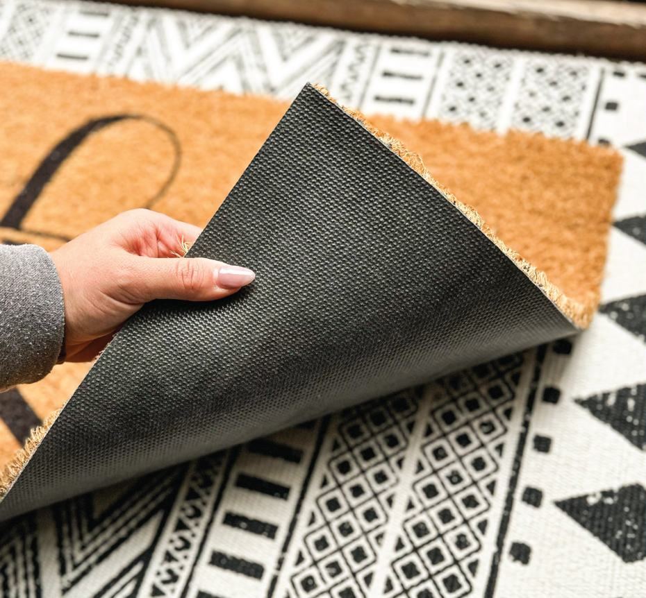 A hand lifting the corner of a doormat to show its dark backing